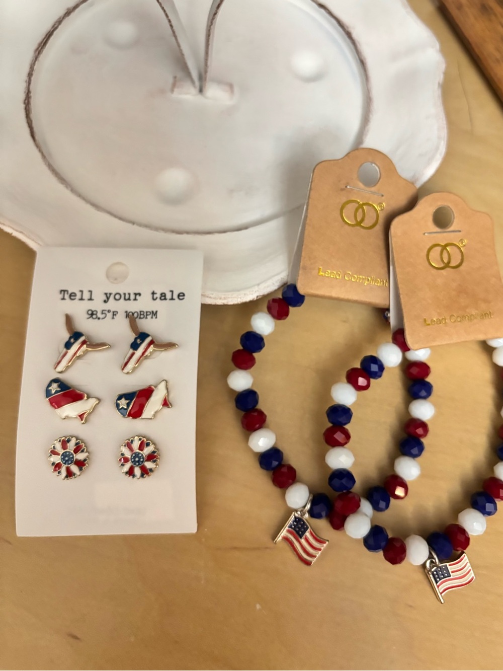 Patriotic 3 pair Enamel Earrings & 2 pc Bracelet Set - Red, White & Blue